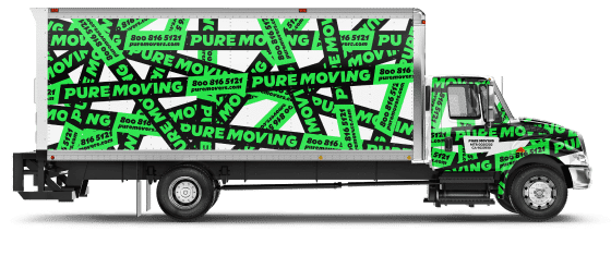 A moving truck with a green and black 
